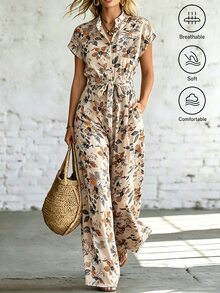 SHEIN 女款優雅立領前開襟連肩短袖收腰寬腿長版連身褲 - 卡其色 - 查看 3