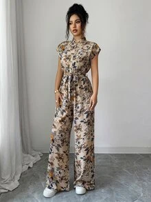 SHEIN 女款優雅立領前開襟連肩短袖收腰寬腿長版連身褲 - 卡其色 - 查看 7