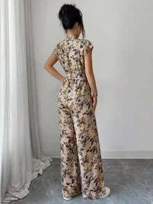 SHEIN 女款優雅立領前開襟連肩短袖收腰寬腿長版連身褲 - 卡其色 - 查看 2
