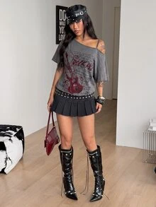Coolane 女款深灰色復古搖滾夜生活演唱會 Y2K 街頭風龐克時尚嬉皮露肩短袖印花 T-shirt 萬聖節夏季上衣 - 灰色 - 查看 6