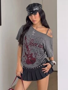 Coolane 女款深灰色復古搖滾夜生活演唱會 Y2K 街頭風龐克時尚嬉皮露肩短袖印花 T-shirt 萬聖節夏季上衣 - 灰色 - 查看 2