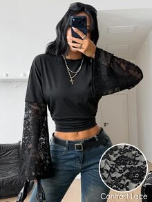 Coolane Camiseta ajustada de manga larga negra con encaje de contraste para mujer, estilo sexy Y2K chic vintage elegante, streetwear de otoño/invierno para cita nocturna, top negro - Negro - Ver 3