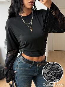 Coolane Camiseta ajustada de manga larga negra con encaje de contraste para mujer, estilo sexy Y2K chic vintage elegante, streetwear de otoño/invierno para cita nocturna, top negro - Negro - Ver 5