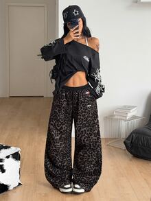 Coolane 女款四季街頭風運動休閒日常穿搭復古性感Y2K外出開學豹紋拼接低腰寬腿褲 - 棕色 - 查看 5