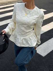 Siren Gaze Blus Lengan Panjang Berkerah Bulat dengan Tekstur Lipit Jacquard Bunga Berkerut Warna Polos, Pakaian Kerja Elegan Wanita Musim Gugur - Aprikot - View 4
