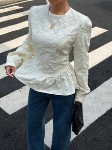 Siren Gaze Blus Lengan Panjang Berkerah Bulat dengan Tekstur Lipit Jacquard Bunga Berkerut Warna Polos, Pakaian Kerja Elegan Wanita Musim Gugur - Aprikot - View 9
