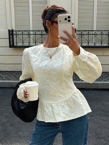 Siren Gaze Blus Lengan Panjang Berkerah Bulat dengan Tekstur Lipit Jacquard Bunga Berkerut Warna Polos, Pakaian Kerja Elegan Wanita Musim Gugur - Aprikot - View 2