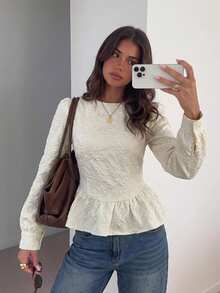 Siren Gaze Blus Lengan Panjang Berkerah Bulat dengan Tekstur Lipit Jacquard Bunga Berkerut Warna Polos, Pakaian Kerja Elegan Wanita Musim Gugur - Aprikot - View 7