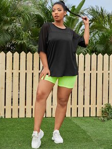SHEIN Rhythm Era Plus High Stretch Batwing Sleeve Contrast Mesh Sports Tee - Black - View 6
