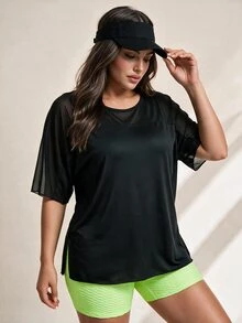 SHEIN Rhythm Era Plus High Stretch Batwing Sleeve Contrast Mesh Sports Tee - Black - View 3