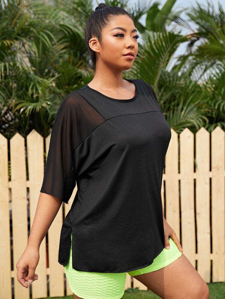 SHEIN Rhythm Era Plus High Stretch Batwing Sleeve Contrast Mesh Sports Tee - Black - View 4