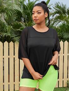 SHEIN Rhythm Era Plus High Stretch Batwing Sleeve Contrast Mesh Sports Tee - Black - View 5