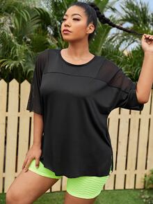SHEIN Rhythm Era Plus High Stretch Batwing Sleeve Contrast Mesh Sports Tee - Black - View 1