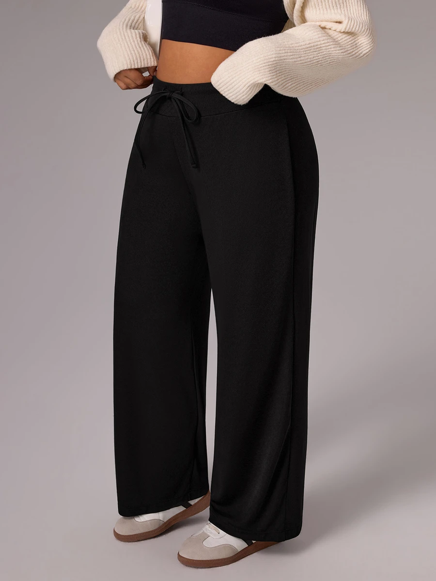 Rhythm Era Plus Size Loose Straight Leg Sweatpants With Drawstring Waist, Casual Pants - Black - View 1