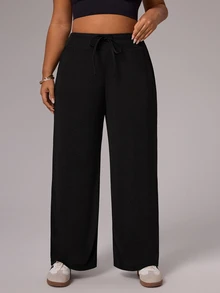 Rhythm Era Plus Size Loose Straight Leg Sweatpants With Drawstring Waist, Casual Pants - Black - View 4
