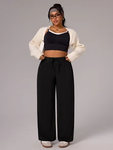 Rhythm Era Plus Size Loose Straight Leg Sweatpants With Drawstring Waist, Casual Pants - Black - View 7