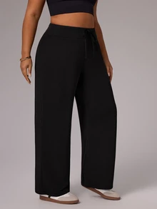 Rhythm Era Plus Size Loose Straight Leg Sweatpants With Drawstring Waist, Casual Pants - Black - View 5
