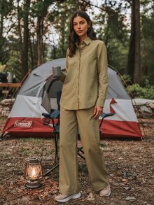 Exploreva Setelan Olahraga Luar Ruangan Wanita: Atasan dan Celana Lengan Panjang Kancing Tunggal - Khaki - View 3