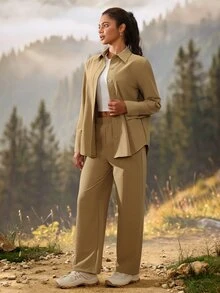 Exploreva Setelan Olahraga Luar Ruangan Wanita: Atasan dan Celana Lengan Panjang Kancing Tunggal - Khaki - View 5