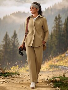 Exploreva Setelan Olahraga Luar Ruangan Wanita: Atasan dan Celana Lengan Panjang Kancing Tunggal - Khaki - View 1