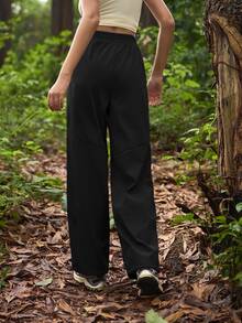 Exploreva Exploreva Black Woven Fabric Cargo Pants For Women Long Drawstring Detail Outdoor Trousers With Plant Pattern - Black - View 8