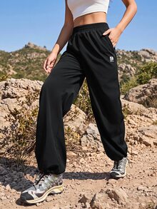Exploreva Exploreva Black Woven Fabric Cargo Pants For Women Long Drawstring Detail Outdoor Trousers With Plant Pattern - Black - View 3