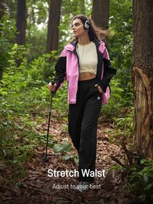 Exploreva Exploreva Black Woven Fabric Cargo Pants For Women Long Drawstring Detail Outdoor Trousers With Plant Pattern - Black - View 10
