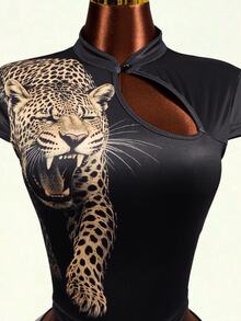 Mistrie Leopard Print T-Shirt, Cool Girl Style, Going Out Club Night Out, Sexy, Women's Clothing, Festive Elegant Party Spring And Summer, Black Y2K Style - Black - View 6