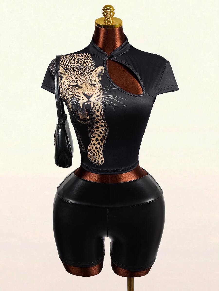 Mistrie Leopard Print T-Shirt, Cool Girl Style, Going Out Club Night Out, Sexy, Women's Clothing, Festive Elegant Party Spring And Summer, Black Y2K Style - Black - View 1