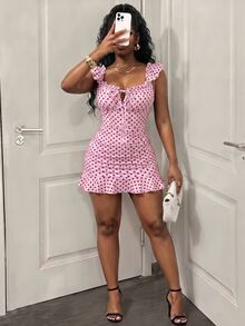 BamGleam Women's Pink Polka Dot Print Tie Front Ruffle Hem Dress Vacation Party Summer Sexy - Pink - View 4
