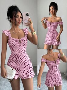 BamGleam Women's Pink Polka Dot Print Tie Front Ruffle Hem Dress Vacation Party Summer Sexy - Pink - View 8
