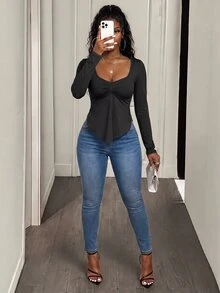 BamGleam Charcoal Gray Autumn Women Square Collar Long Sleeve Ruffled Trim Asymmetrical Hem Casual T-Shirt,Seksi Chic Night Out Social Blouse Tops - Black - View 2