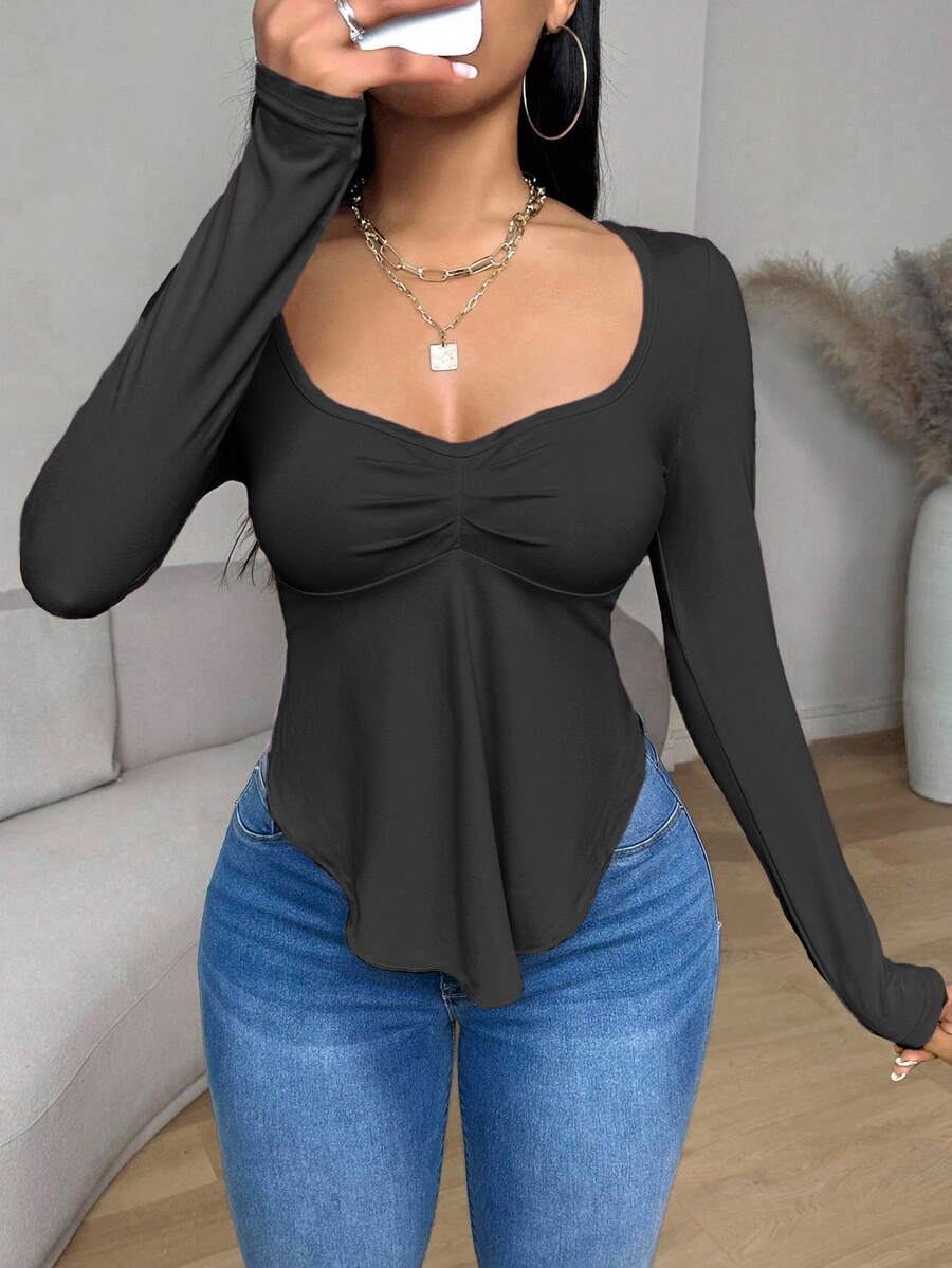 BamGleam Charcoal Gray Autumn Women Square Collar Long Sleeve Ruffled Trim Asymmetrical Hem Casual T-Shirt,Seksi Chic Night Out Social Blouse Tops - Black - View 1