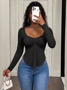 BamGleam Charcoal Gray Autumn Women Square Collar Long Sleeve Ruffled Trim Asymmetrical Hem Casual T-Shirt,Seksi Chic Night Out Social Blouse Tops - Black - View 6