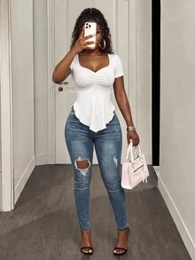 Zolique Foxxy 女式简约纯色休闲方领不对称下摆长袖 T 恤 - 白色 - 查看 5