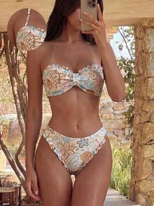 Costavie 女士夏季沙滩印花露背系带性感比基尼和三角泳裤套装 - 彩色 - 查看 4