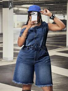 SHEIN CURVE+ Jumpsuit Denim Biru Tanpa Elastis Model Bahu Terbuka untuk Wanita Ukuran Plus Festival - Dark Wash - View 4