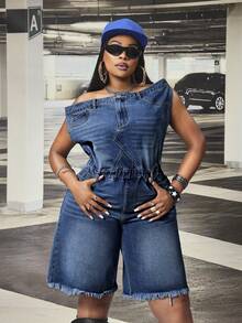 SHEIN CURVE+ Jumpsuit Denim Biru Tanpa Elastis Model Bahu Terbuka untuk Wanita Ukuran Plus Festival - Dark Wash - View 5