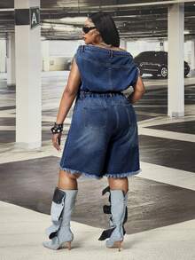 SHEIN CURVE+ Jumpsuit Denim Biru Tanpa Elastis Model Bahu Terbuka untuk Wanita Ukuran Plus Festival - Dark Wash - View 2