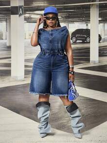 SHEIN CURVE+ Jumpsuit Denim Biru Tanpa Elastis Model Bahu Terbuka untuk Wanita Ukuran Plus Festival - Dark Wash - View 3