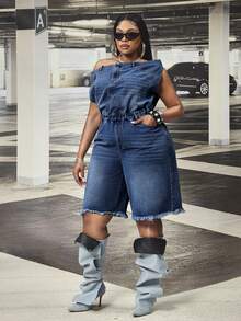 SHEIN CURVE+ Jumpsuit Denim Biru Tanpa Elastis Model Bahu Terbuka untuk Wanita Ukuran Plus Festival - Dark Wash - View 6