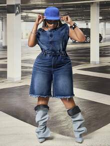 SHEIN CURVE+ Jumpsuit Denim Biru Tanpa Elastis Model Bahu Terbuka untuk Wanita Ukuran Plus Festival - Dark Wash - View 1