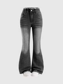 SHEIN TWEEN GIRLS Tween GirlsDenim Jeans, Vintage Washed Color, Street Fashion, Distressed Ripped Hem, Flared Leg, Versatile New Style - Grey - View 3