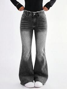 SHEIN TWEEN GIRLS Tween GirlsDenim Jeans, Vintage Washed Color, Street Fashion, Distressed Ripped Hem, Flared Leg, Versatile New Style - Grey - View 1