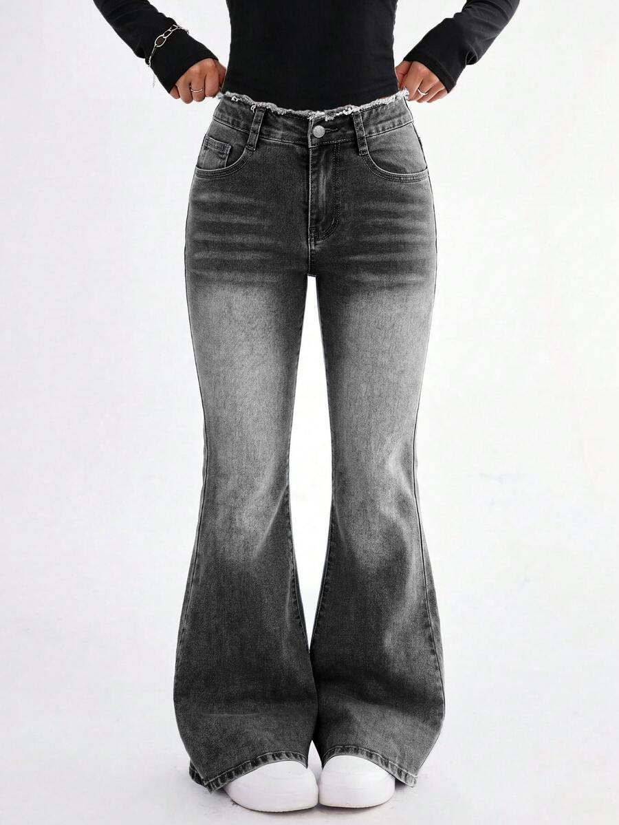 SHEIN TWEEN GIRLS Tween GirlsDenim Jeans, Vintage Washed Color, Street Fashion, Distressed Ripped Hem, Flared Leg, Versatile New Style - Grey - View 1