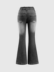 SHEIN TWEEN GIRLS Tween GirlsDenim Jeans, Vintage Washed Color, Street Fashion, Distressed Ripped Hem, Flared Leg, Versatile New Style - Grey - View 2