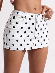 Flirla Festival Plus Size Women's White Non-Stretch Polka Dot Print Mini Denim Skirt - White - View 6