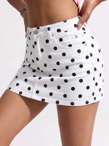 Flirla Festival Plus Size Women's White Non-Stretch Polka Dot Print Mini Denim Skirt - White - View 5