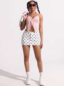 Flirla Festival Plus Size Women's White Non-Stretch Polka Dot Print Mini Denim Skirt - White - View 4