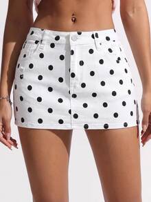 Flirla Festival Plus Size Women's White Non-Stretch Polka Dot Print Mini Denim Skirt - White - View 7